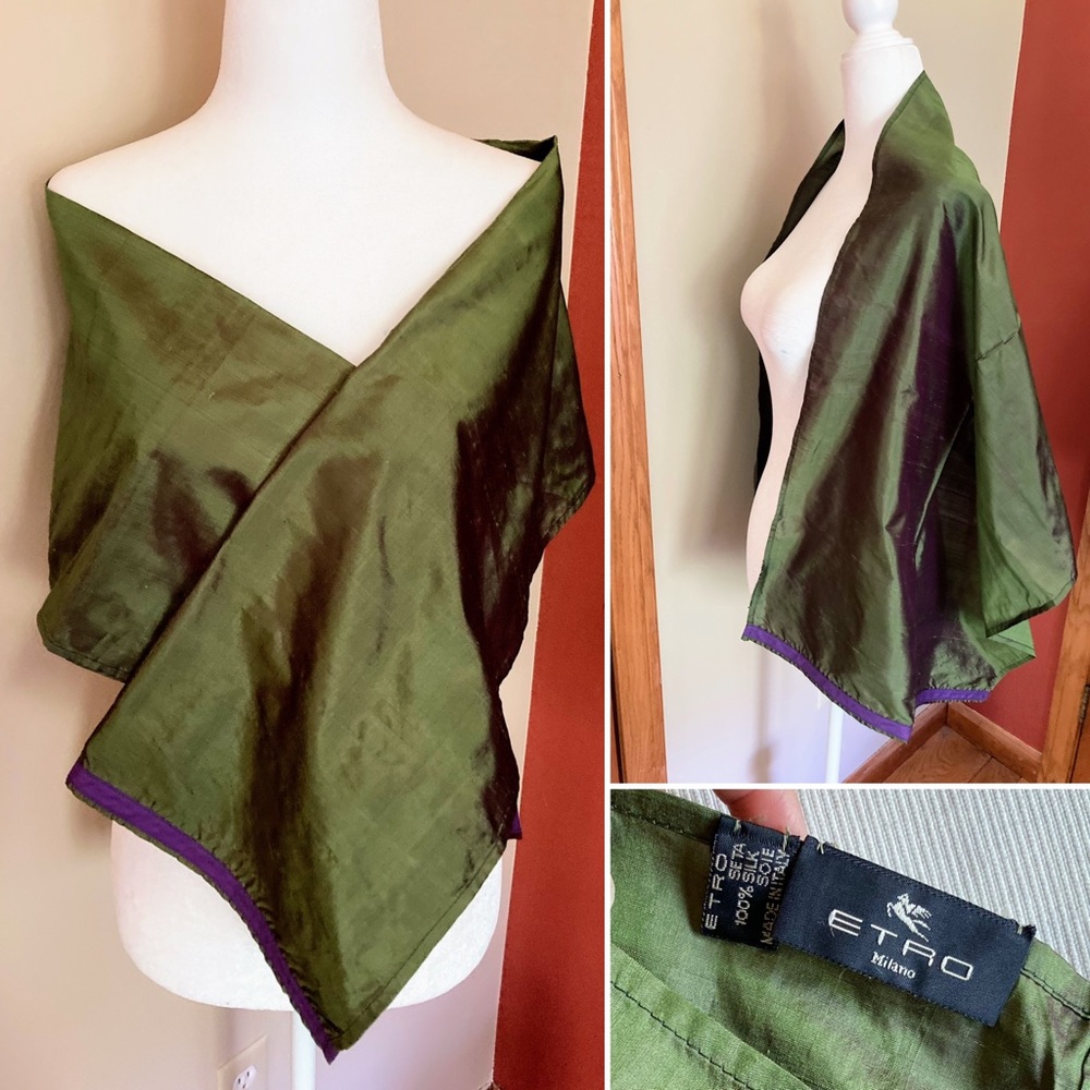 Vintage ETRO Italy Raw Silk Olive Green Purple Sheen Oblong Scarf Shawl 56”x18”